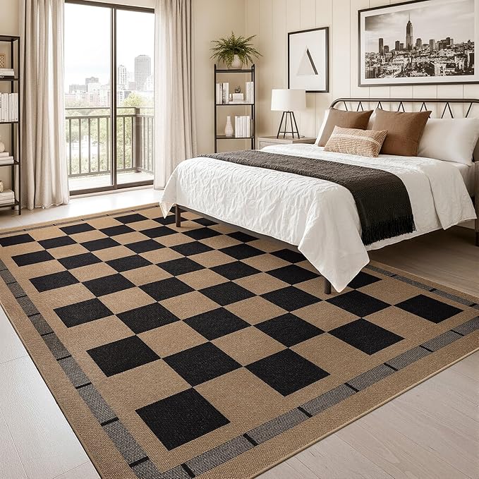 Checkered Jute Rugs, 6x9 Large Washable Outdoor Patio Rug, Living Room Bedroom Dining Room Indoor Carpet, Non Slip Modern Farmhouse Design Neutral Geometric Porch Classroom Mat, Black and Brown