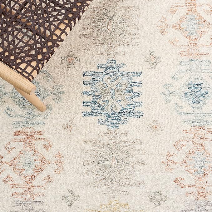 SAFAVIEH Micro-Loop Collection Area Rug - 5' x 8', Ivory & Blue, Handmade Boho Rustic Wool, Ideal for High Traffic Areas in Living Room, Bedroom (MLP476M)