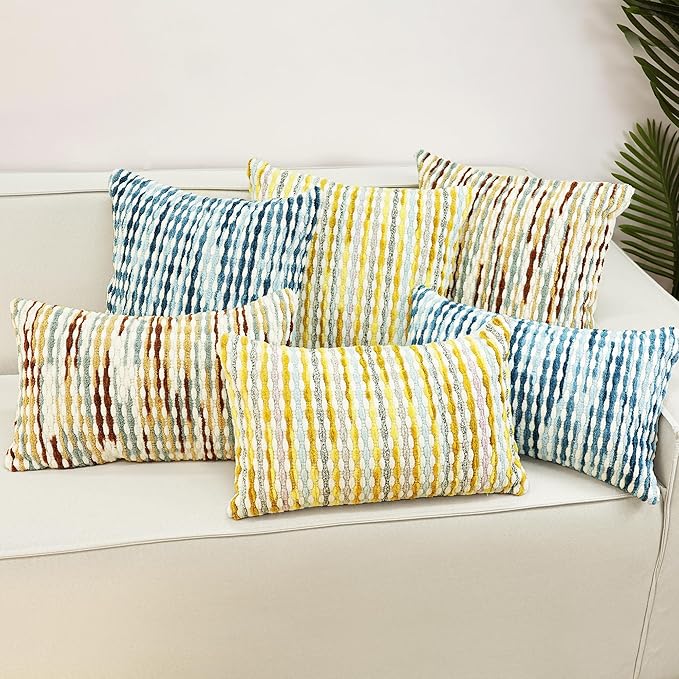 Boho Chenille Striped Pillow Cover 12x20 Inch, Decorative Lumbar Pillow Cover for Couch Bed Sofa Living Room Bedroom Farmhouse Modern Home Decor Accent Pillowcases Set of 1, Multicolor