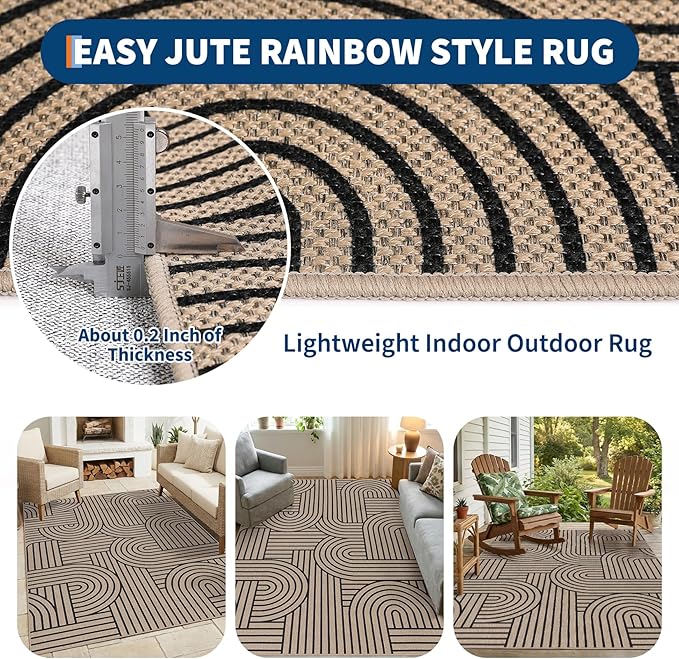 GarveeHome Rainbow Easy Jute Rug 8x10 Abstract Washable Non Slip Living Room Ultra-Thin Bedroom Rug, Non Skid Backing Non Shedding Accent Carpet for Dining Room Office