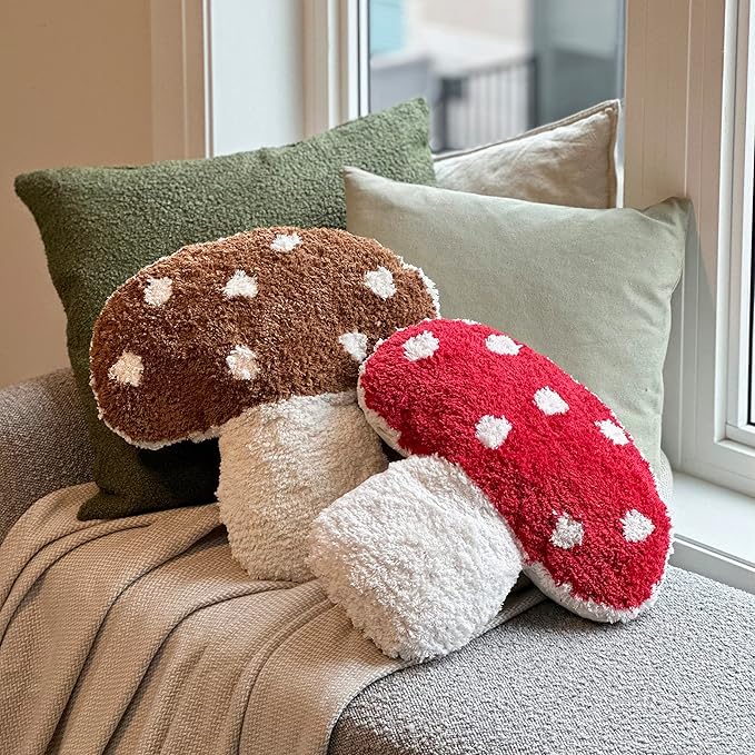 Mushroom Throw Pillow Tufted Shape Decorative Cushion 15” x 15” – Decor for Bed, Couch, Living Room (Brown)