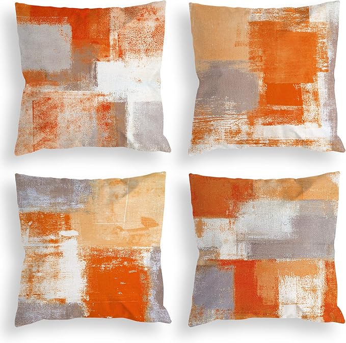 COLORPAPA Orange Grey Throw Pillow Covers 18x18 Set of 4 Decorative Cushion Cover Beige Abstract Art Painting Pillowcase for Sofa Bedroom Living Room Décor