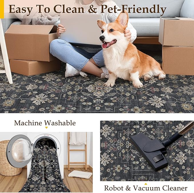 Black 5x7 Area Rug Washable Vintage Carpet Living Room Bedroom Indoor Non Slip Low Pile Thin Soft Stain Resistant Accent Throw Rug for Dining Room Office