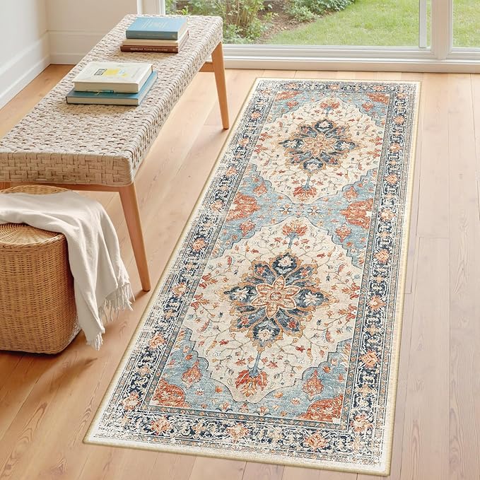 Area Rugs 3'x6' Runner Rug Non Slip Washable for Kitchen Hallway Bedroom Beside Laundry Room Bathroom Rug, Floor Carpet, Beige Navy Blue Orange Colorful