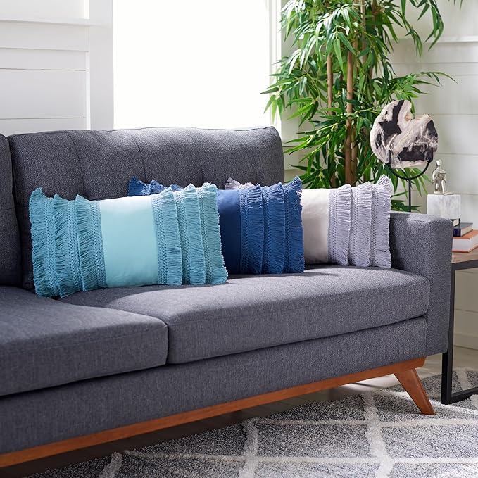 SAFAVIEH Home Collection Grema Boho Fringe Light Grey/Periwinkle 12 x 20-inch Rectangle Decorative Accent Throw Pillow with Insert