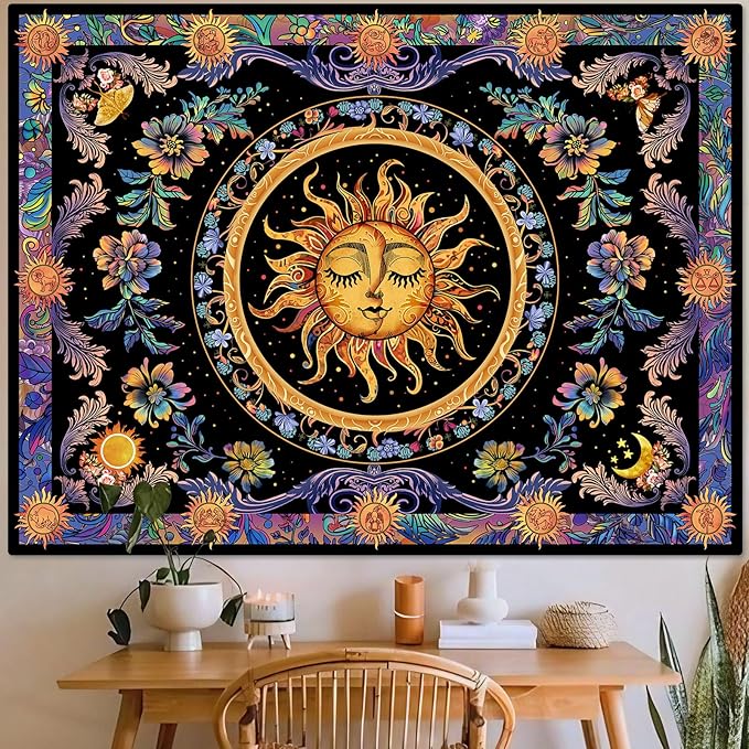 Accnicc Sun and Moon Tapestry Psychedelic Floral Plant Tapestries for Bedroom Aesthetic Hippie Boho Flower Tapestry Wall Hanging for Dorm Living Room (48'' × 36'')