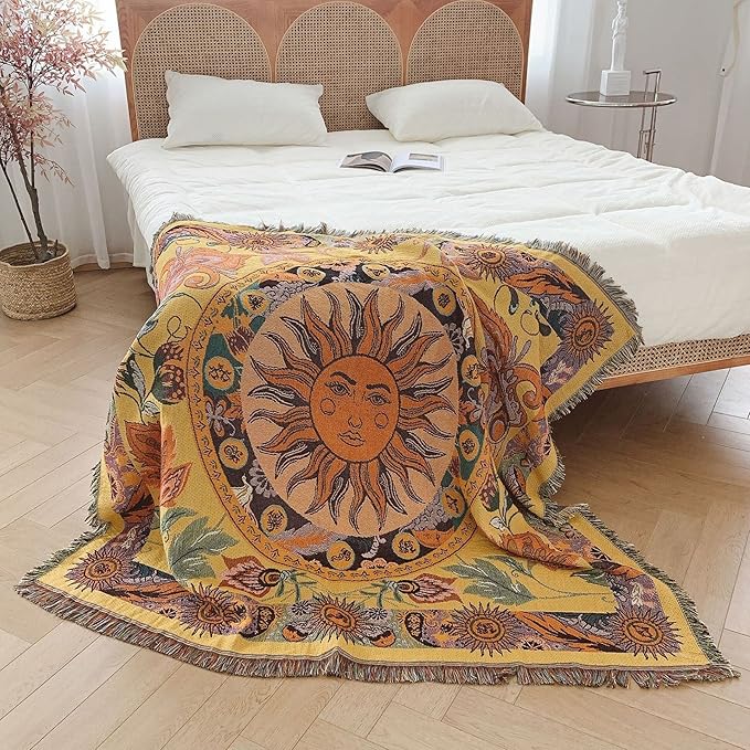 Hopstar Sun Throw Blanket Boho Hippie Tapestry Room Decor Western Blankets and Throws Soft Cozy Couch Cover for Loveseat Sofa Living Room Chair Travel 51"x63" (Yellow/Floral)