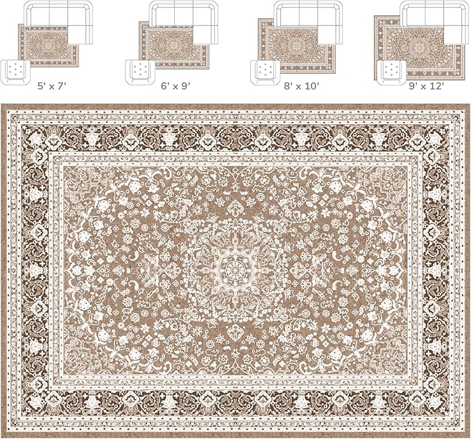 Lessymo 9 x 12 Area Rugs for Living Room, Machine Washable Area Rugs Boho Faux Wool Low Pile Area Rug for Bedroom, Floral Medallion Vintage Rugs with Non-Slip Rubber, Kid & Pet Friendly, Brown White