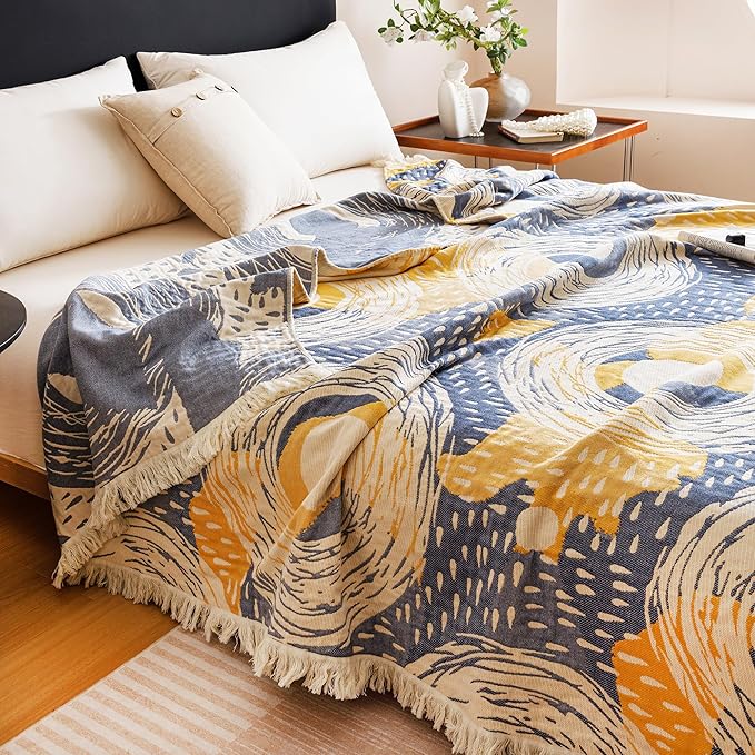 Scientific Sleep Starry Blue Sky Moon Stars 100% Cotton Muslin Blanket Throw Cover for Bed Couch Sofa Cozy Soft Reversible Bedding Blanket Quilt Bedspread Coverlet Twin 60 in x 80 in
