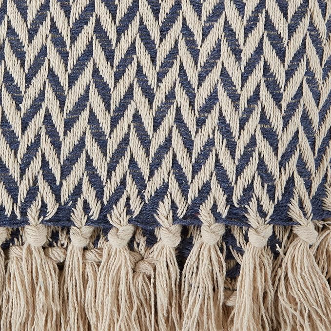 DII Modern Zig Zag Throw Blanket Woven Cotton, Hand-Knotted 2.5" Fringe, 50x60, Nautical Blue