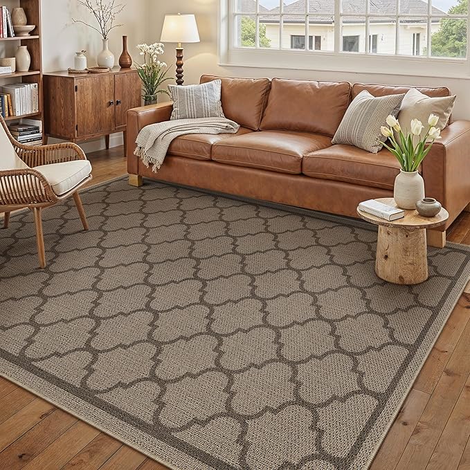 5x7 Geometric Figure Easy Jute Area Rug for Living Room Scalloped Washable Indoor Outdoor Carpet Farmhouse Patio Office Mat Geometric Non Slip Black Carpet for Backyard Dining Room