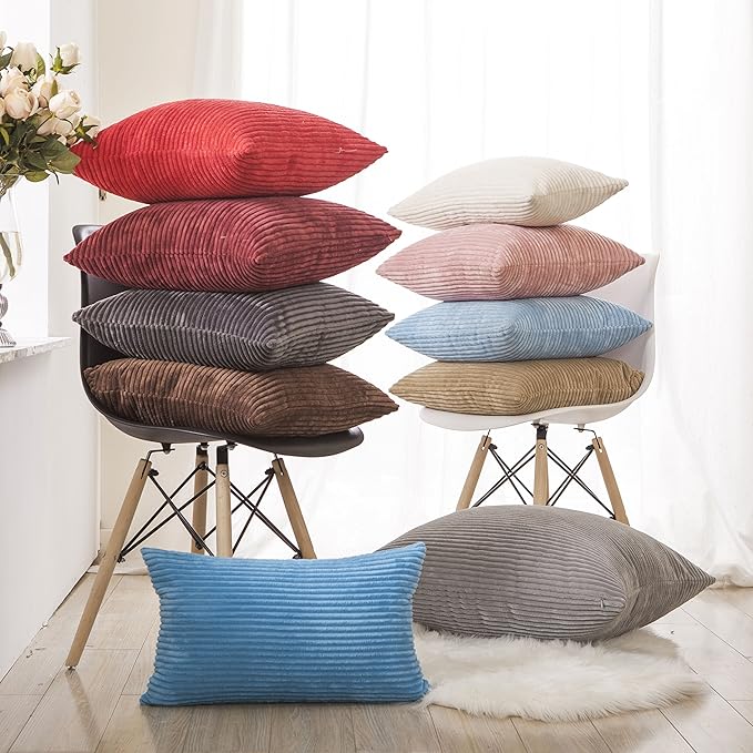 Home Brilliant Pillow Covers 18x18 Decorative Throw Pillows for Couch Dark Red Soft Plush Corduroy Striped Throw Pillow Covers Set of 2 for Sofa Couch Bed, 18 x 18 Inch, Burgundy