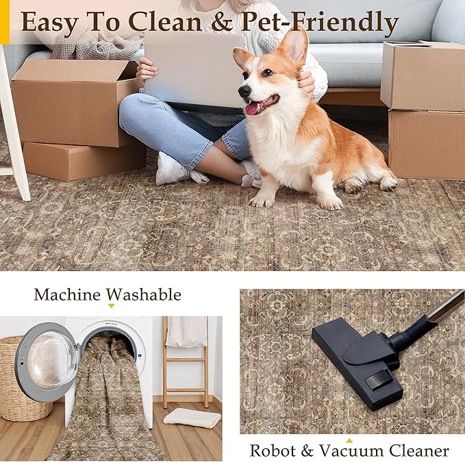 HUGEAR 2x8 Runner Rug Hallway Vintage Brown Machine Washable Retro Floral Low Pile Carpet Vacuumable Distressed Long Throw Rug Bedroom Office Bathroom Kitchen Laundry Non Slip Soft Lightweight