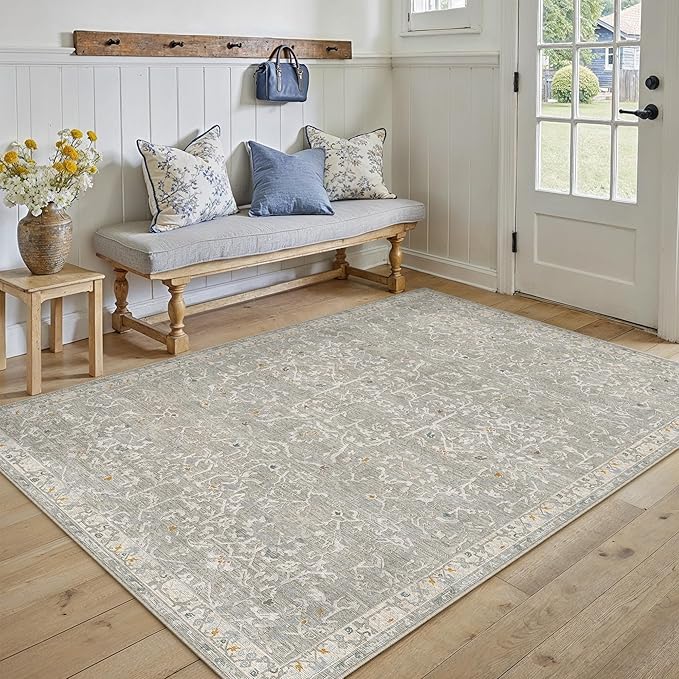HUGEAR Area Rug 5x7 Retro Grey Machine Washable Living Room Rugs Distressed Vintage Floral Vacuumable Low Pile Carpet Bedroom Office Dining Room Laundry Room Non Slip Soft Lightweight