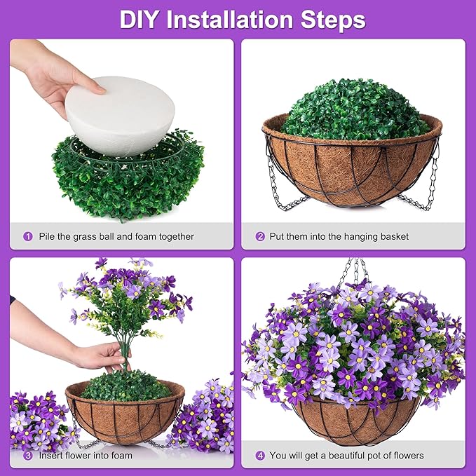 Artificial Flowers with Hanging Planter for Outdoors, Faux Silk Daisy Flower UV Resistant Plants in Basket Indoor Porch Garden Yard Spring Summer Decor(Purple)