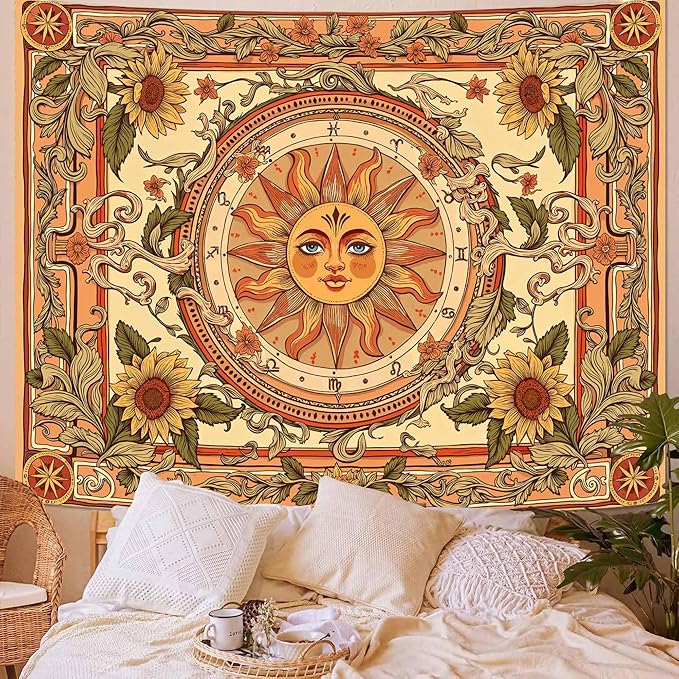 Accnicc Yellow Sun Tapestry Boho Floral Sunflower Plant Wall Tapestry for Bedroom Aesthetic Vintage Flower Celestial Large Tapestries Wall Hanging for Dorm Living Room Decor 80 x 60 Inch