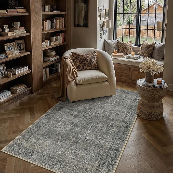Vintage Area Rug 4x5 Grey Brown Entryway Office Washable Carpet Non Slip Bedroom Indoor Living Room Door Mat Low Pile Traditional Distressed Retro Accent Rug for Dining Room Bathroom Kitchen