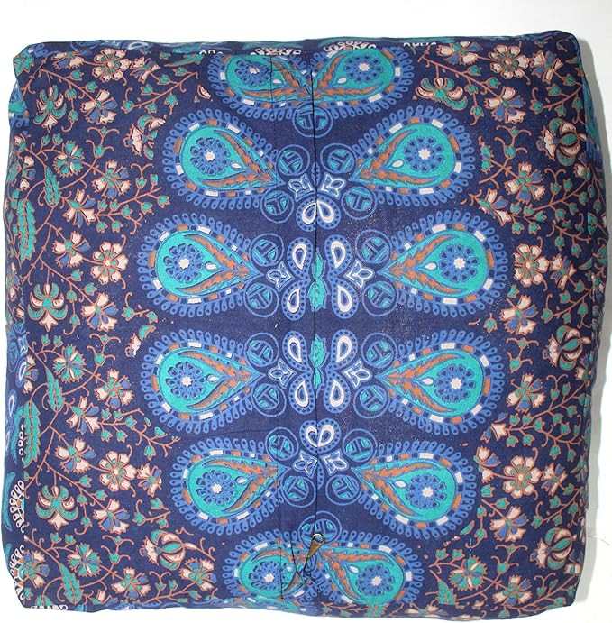 CRAFT KALA Blue Peacock Large Hippie Mandala Meditation Floor Ottoman Pillow Cushion Pouf Cover Square Poufs Bohemian Circle Floor Cushion Case Outdoor Fireplace Living Room Decor Cover 16" Square