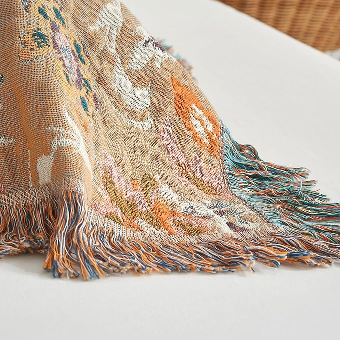 Boho Throw Blanket for Bed 90”x98”, 100% Cotton Woven Blanket for Couch Sofa, Ultra Soft 4-Layer Muslin Quilt with Floral Printed, Farmhouse Bed Blanket/Cover for Living Room Decor