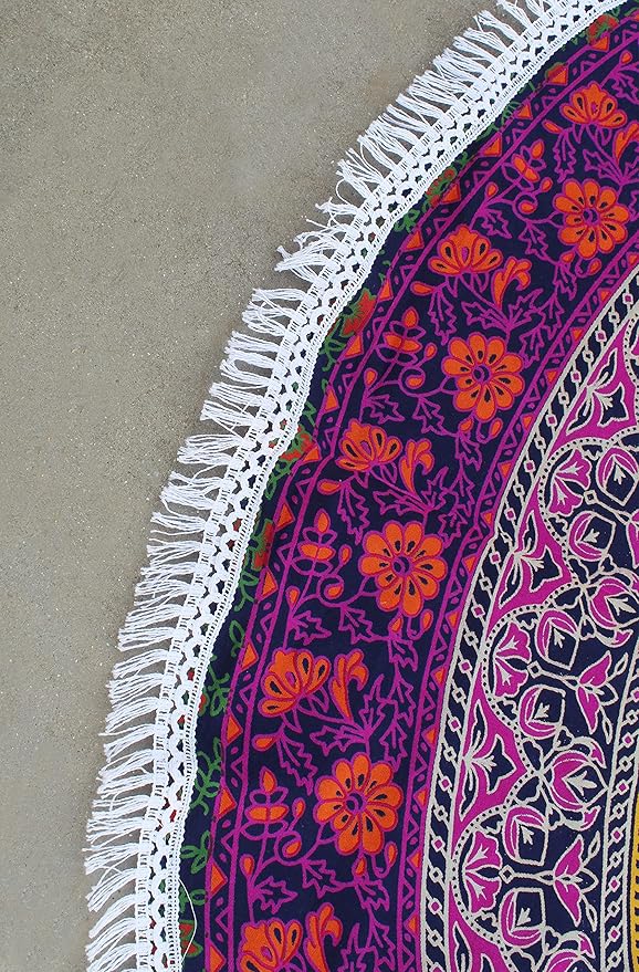 Round Beach Tapestry Turquoise Mandala Throw/Boho Hippie Beach Blanket Roundie/Indian Cotton Bohemian Large Round Table Cloth-Home Decor/Yoga Mat Meditation Picnic Rug (42", 6 Color)