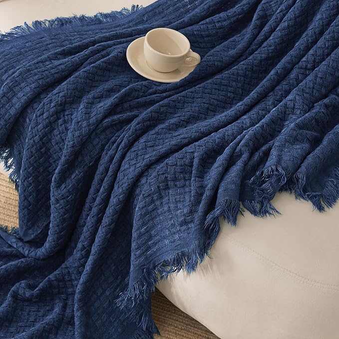 Exclusivo Mezcla Knit Throw Blanket with Fringes for Couch, Reversible Super Soft and Warm Woven Boho Throw for All Season, Home Decor, 50"x60", Navy Blue