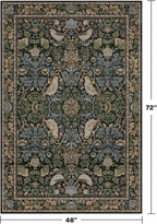 Washable 4x6 Area Rug for Living Room - Soft Moody Rug for Kitchen, Office, Large Entryway, Rustic Botanical Decor, Non-Slip Low Pile Dark Green and Brown Ultra Soft Bird Carpet