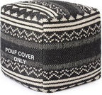 REDEARTH · UNSTUFFED Pouf Ottoman Cover Textured Storage Cube Bean Bag Poof Pouffe Footrest for Living Room, Bedroom, Patio, Gym; 100% Cotton (18"X18"X18", Ziggurat Obsession Black)