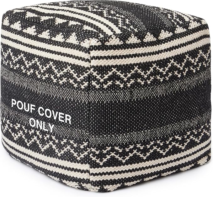 REDEARTH · UNSTUFFED Pouf Ottoman Cover Textured Storage Cube Bean Bag Poof Pouffe Footrest for Living Room, Bedroom, Patio, Gym; 100% Cotton (18"X18"X18", Ziggurat Obsession Black)