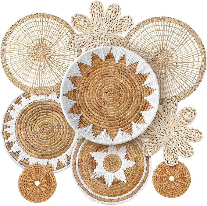 Xuhal 8 Pcs Boho Wall Basket Decor Decorative Bulrush Woven Basket Wall Decor Rustic Farmhouse Hanging Baskets for Kitchen Rustic Home Summer Decorations