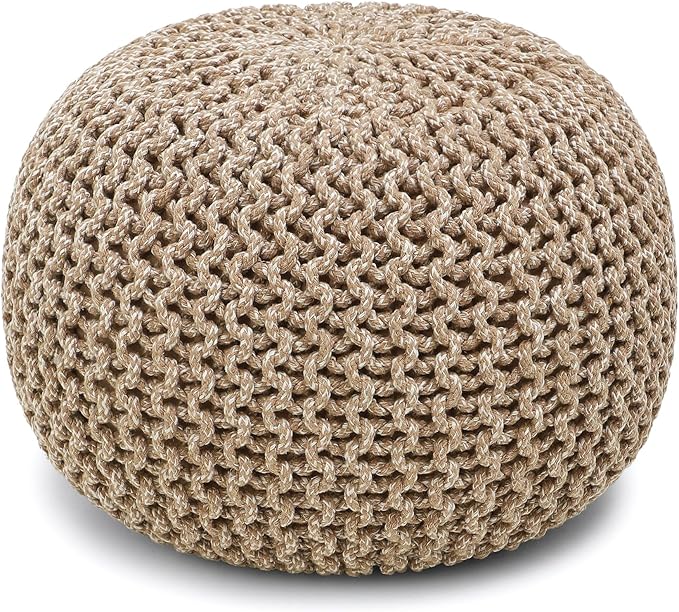 REDEARTH · Round Pouf Ottoman - Hand Knitted Cable Boho Poof Home Décor Pouffe Circular Footrest for Living Room - Nursery - Bedroom - Lounge 100% Cotton (18”x18”x14”) - Beige Ivory, Set of 2