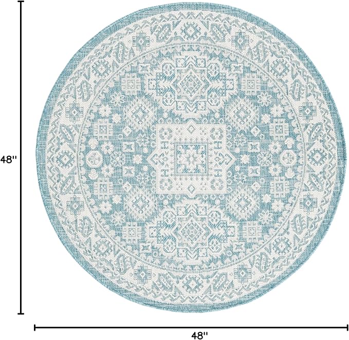 Rugs.com Outdoor Aztec Collection Rug – 4 Ft Round Aqua Flatweave Rug Perfect for Kitchens, Dining Rooms