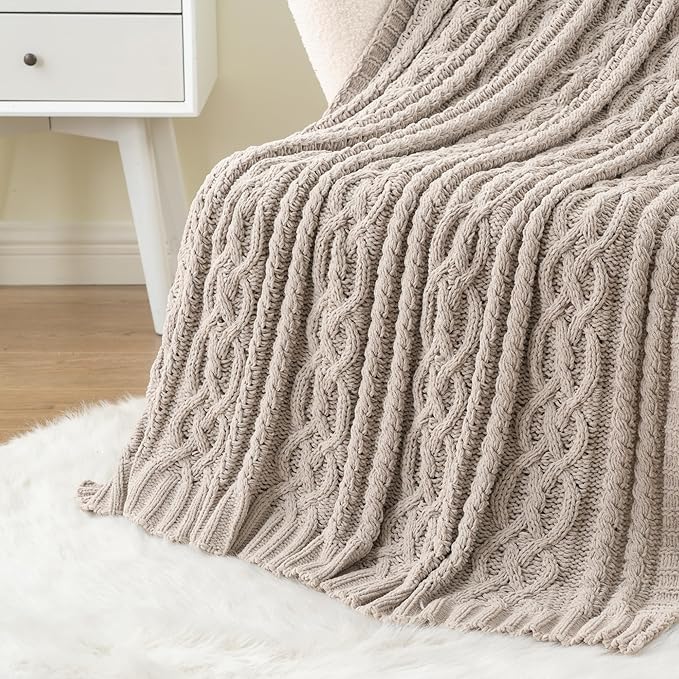 Battilo Light Grey Throw Blanket for Couch, Woven Chenille Knit Throw Blanket Versatile for Chair, 51 x 67 Inch Super Soft Warm Decorative Blanket for Bed, Sofa and Living Room