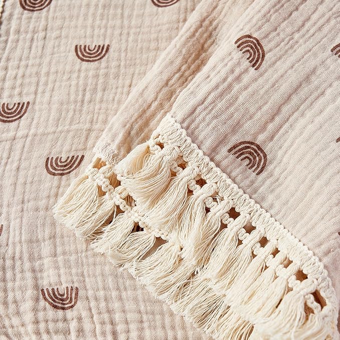 insular Cotton Muslin Baby Blanket with Tassel, Boho Bohemian Muslin Swaddle Blanket Baby Receiving Blanket with Fringe, Nursery Decor Throw or Nursing Blankets, 47" x40”, Khaki Rainbow