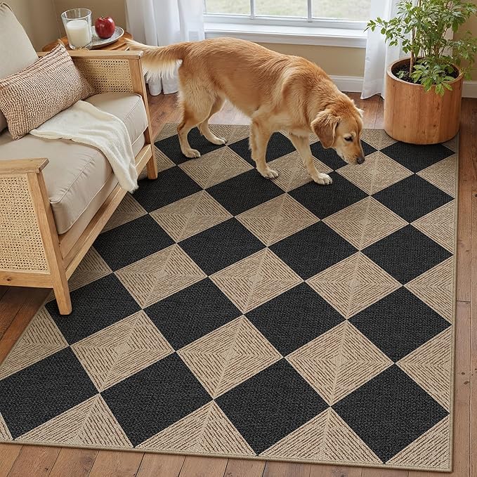 3x5 Checkered Easy Jute Outdoor Patio Rug Washable Area Rugs for Living Room Entryway Textured Diamond Indoor Outdoor Mat Farmhouse Neutral Non Slip Black Door Carpet for Backyard Bedroom