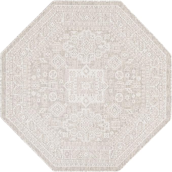 Rugs.com Outdoor Aztec Collection Rug – 5 Ft Octagon Light Gray Flatweave Rug Perfect for Living Rooms, Kitchens, Entryways