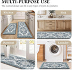 Boho Kitchen Mats for Floor 2 Piece Set Anti Fatigue Cushioned PVC Kitchen Rugs Non Slip Waterproof Farmhouse Mats 2/5 Inch Comfort Standing Mat for Sink, Laundry, 17.3"x59"+17.3"x28", Dark Blue