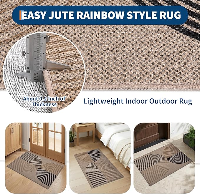 GarveeHome Rainbow Easy Jute Rug 2x3 Entryway Rug Indoor Outdoor Front Door Mat Neutral Non Slip Non Shedding Washable Farmhouse Kitchen Mat