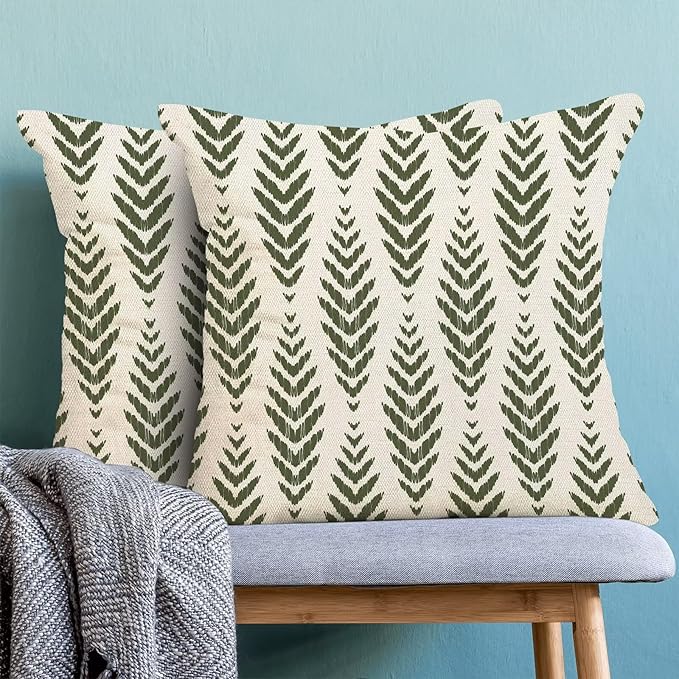 BETGINY Sage Green Boho Pillow Covers 16 x 16 Inch Pack of 2, Bohemian Ethnic Herringbone Pattern Decorative Throw Pillow Covers Vintage Linen Farmhouse Outdoor Pillowcase for Bedroom Home Sofa Decor