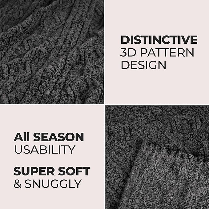 Superior Fleece Boho Jacquard Blanket, Decorative Blankets for Bedroom, Sofa, Fuzzy, Plush, Fluffy, Soft, Cute Room Decor, Beautiful Cover, Comfort Essentials, Arctic Collection, Twin, Charcoal