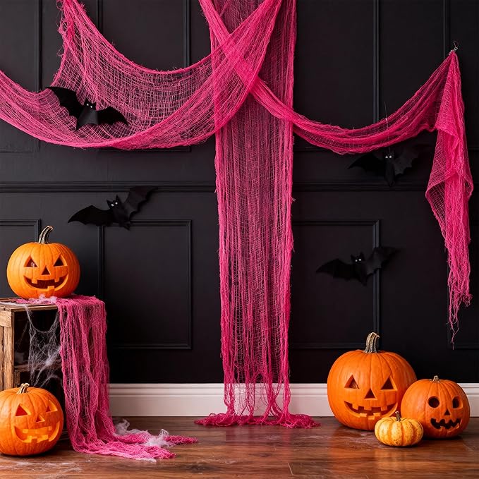 Set of 5 Pink Halloween Gauze Decor, Indoor Outdoor Pink Gauze Tapestry Decor, Halloween Spooky Decorations for Home Table Wall Yard Haunted House Party Supplies, 72 x 30 inch