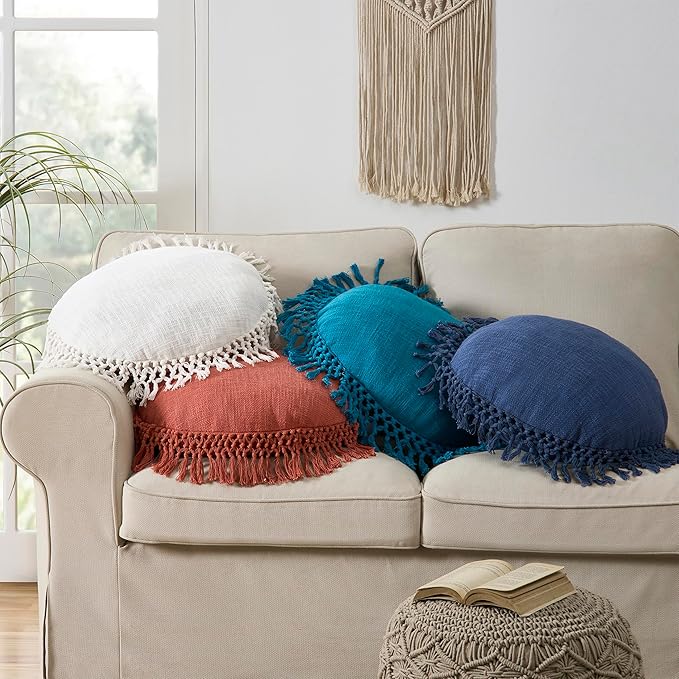 Indigo Ink - Decorative Throw Pillows for Couch or Bed, Boho Home Décor Round Cotton 20" x 20" Pillow with Tassels (Tufted Medallion Collection, Ginger Spice)