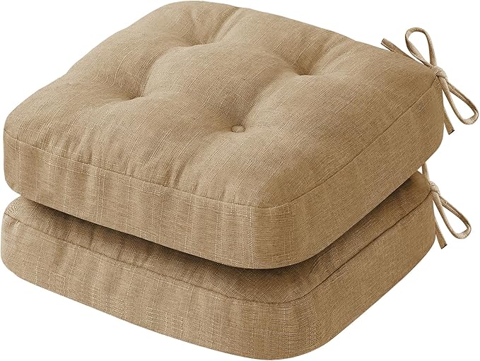 Chair Cushions for Dining Chairs, Dining Chair Cushions, Tufted Indoor Chair Pads with Ties & Non Slip Backing, Seat Cushions for Kitchen Chairs 16.5” x 16.5” x 3.5”, Set of 2, Khaki
