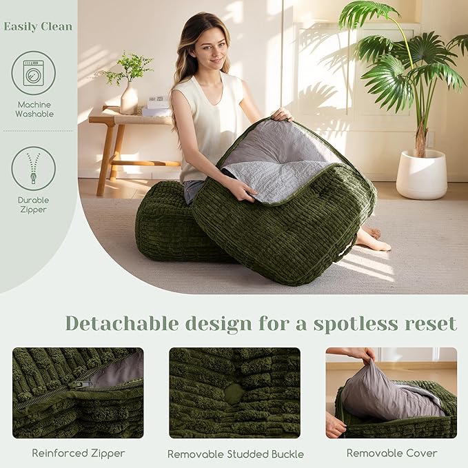 8" Washable Floor Pillow Cushion for Adults, Meditation Cushion Pillow, Removable Tufted Blended Corduroy Cover, Large Square Floor Sitting for Tatami Living Room or Yoga, 2Pack, Machine Washable