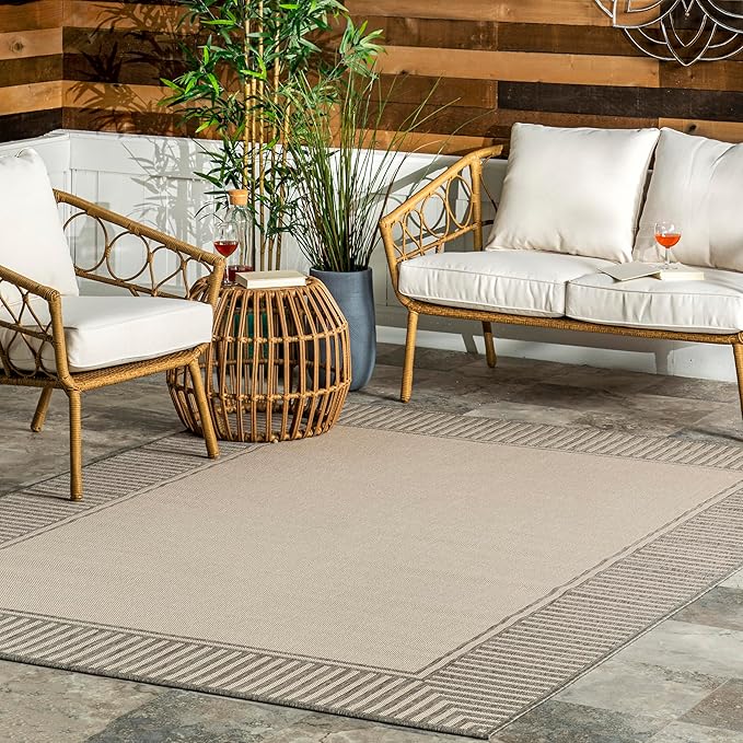 nuLOOM 8x10 Outdoor/Indoor Asha Area Rug, Light Grey, Casual Design With Striped Border, Stain Resistant, Highly Durable, For Patio, Balcony, Bedroom, Living Room, Dining Room, Bathroom
