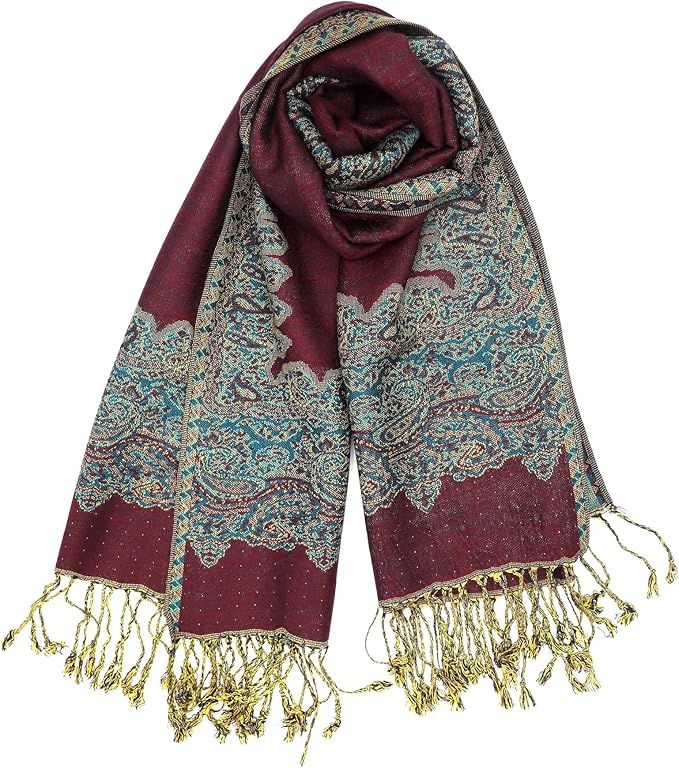 Achillea Reversible Paisley Pashmina Rave Scarf – Exotic Indian Shawls and Wraps for Evening Dresses, Festivals, All Seasons
