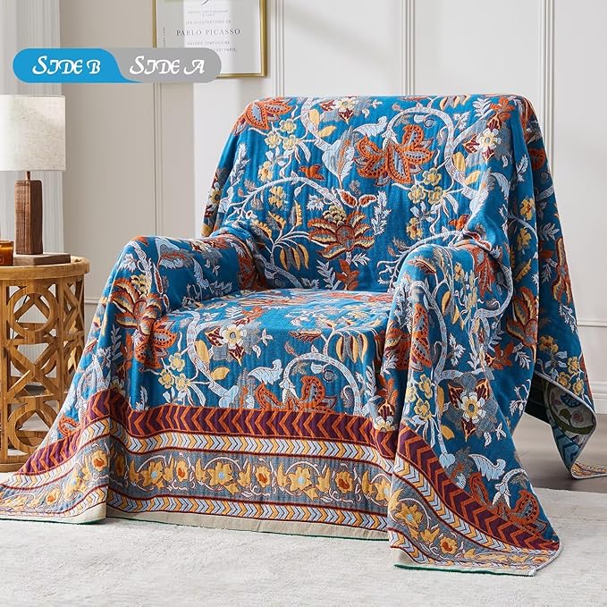 Boho Blanket Soft Muslin BohoThrow Blanket, 100% Cotton Floral Printed Farmhouse Decor All Season Reversible Rustic Throw for Sofa Couch Chair (White, 80"x90")