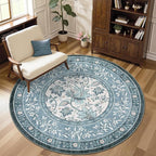 GarveeHome Misty Blue Botanical Grove 6ft Round Rug, Small Circle Vintage Cottagecore Soft Low-Pile Non-Slip Washable Rugs for Living Room Bedroom Nursery Kitchen Retro Carpet