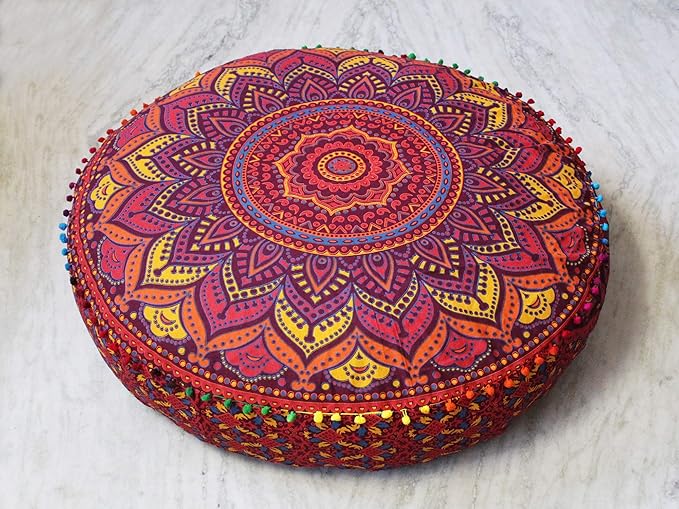 CRAFT KALA Mandala Floor Pillow Cushion Cover Seating Throw Cover Hippie Decorative Bohemian Ottoman Poufs Pom Pom Pillow Cases Boho Indian Cotton Living Room Home Décor 35" Round New Orange Ombre