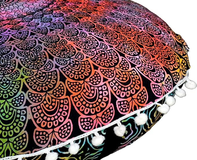 Round Mandala Floor Pillow Cover Seating Cushion Throw Cover Hippie Decorative Bohemian Ottoman Pouf Cover, Pom Pom Pillow Cases,Boho Indian 22 Inches (Multi Peacock)