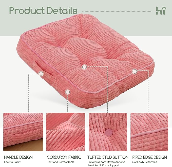 HIGOGOGO Floor Pillow Cushion for Adults, Meditation Cushion Pillow, Large Square Floor Sitting, Tufted Corduroy Cover, for Tatami Living Room or Yoga, 22x22 Inch, 2Pack, Pink